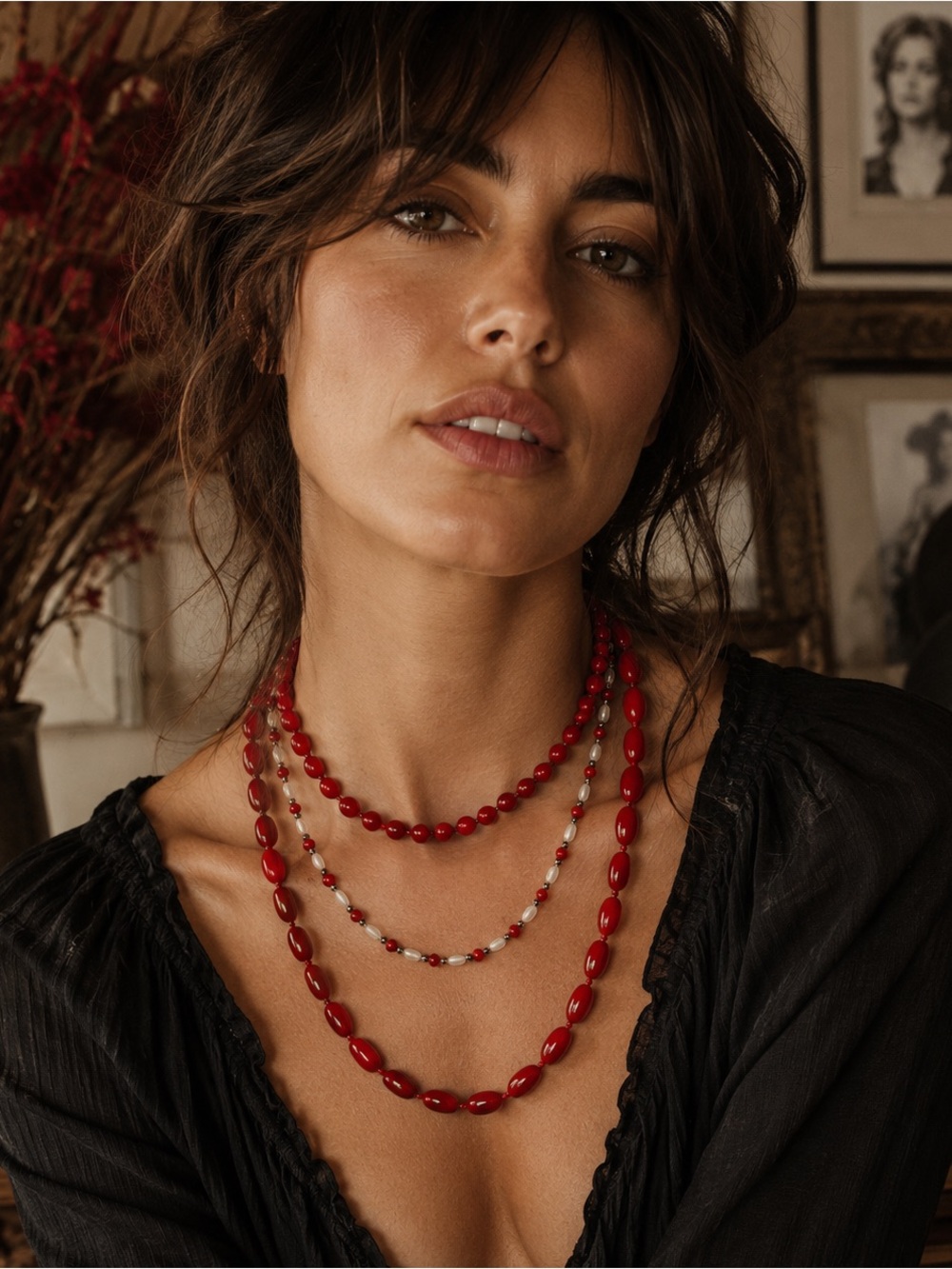 Red Beaded Vintage Layered Necklaces 
Glam Vibrant Effortless Chic Indie Style